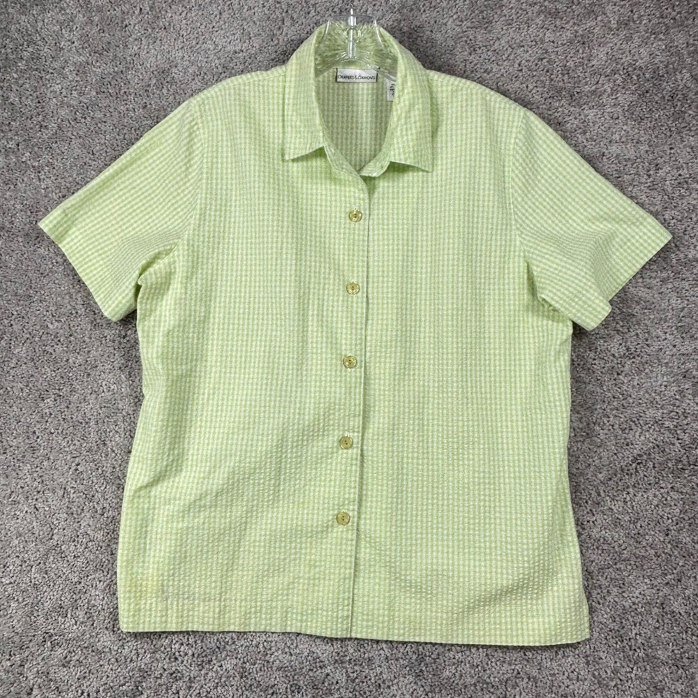 Drapers & Damons Womens Large Lime Green Gingham Seersucker Short Sleeve Shirt